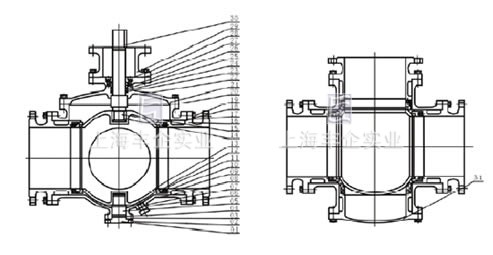 Q341F三通四密封渦輪球閥結構圖1