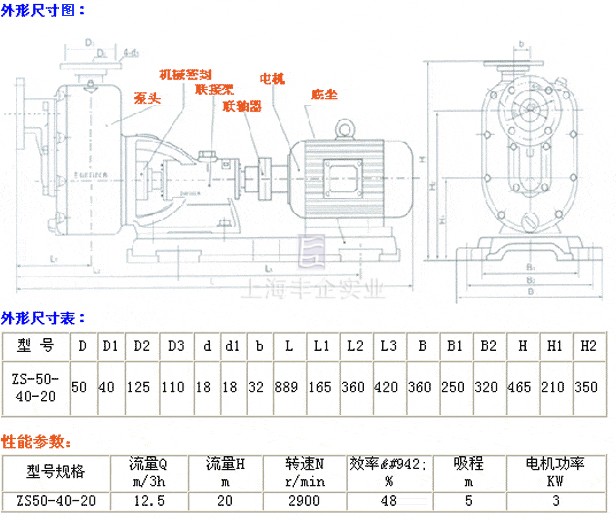 ZS型臥式玻璃鋼自吸泵　尺寸及參數(shù)表